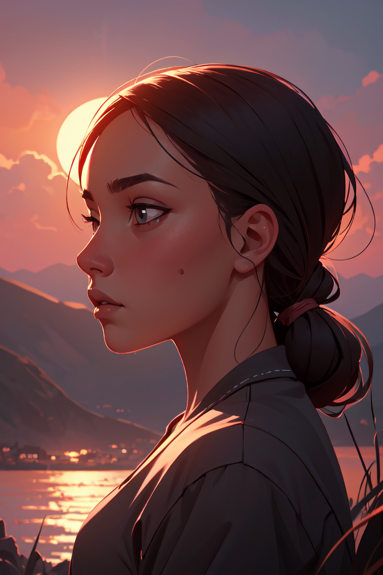 1girl, looking far way detailed face detailed skin sunset dramatic lighting, <lora:GoodHands-beta2:1>, scenery